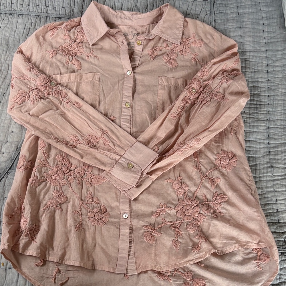 Floral Embroidered Pink Button-Down Shirt